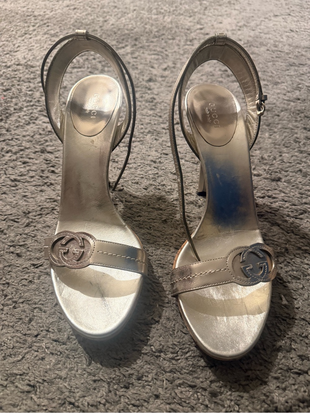 Gucci Silver Open-Toe Slingback Sandals with Interlocking GG